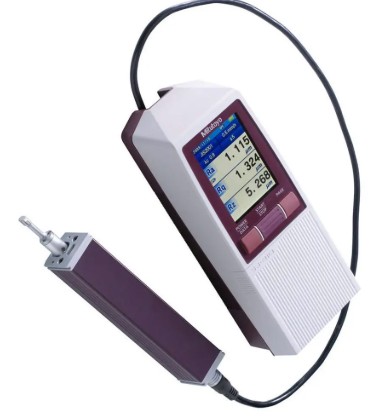A Mitutoyo Surftest portable surface roughness tester with a stylus probe and a display showing Ra and Rz readings