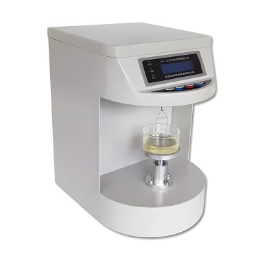 An automatic benchtop surface tensiometer with a display, control keys and a measuring ring dipping into a sample cup