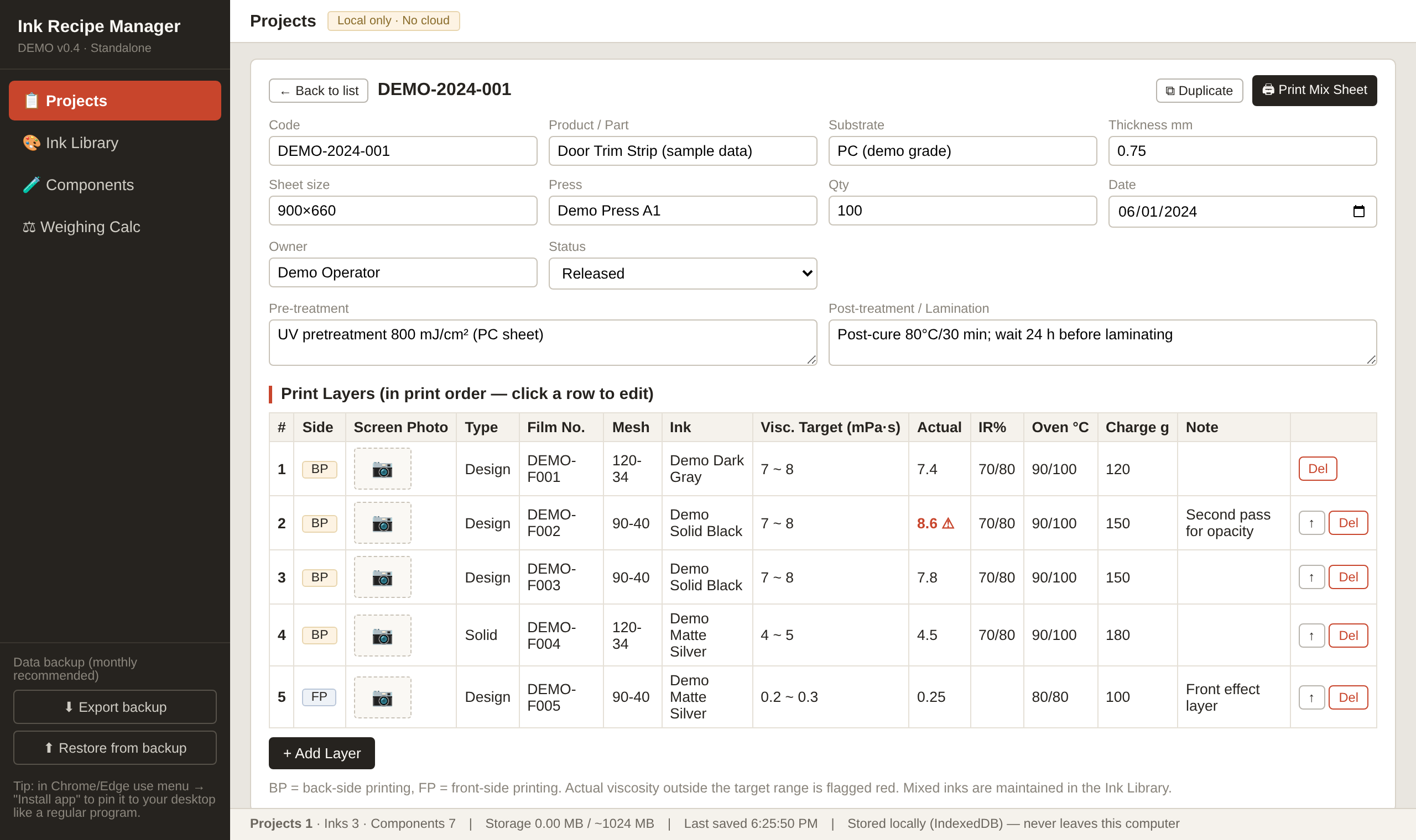 Project detail: job header fields and the ordered print-layer table