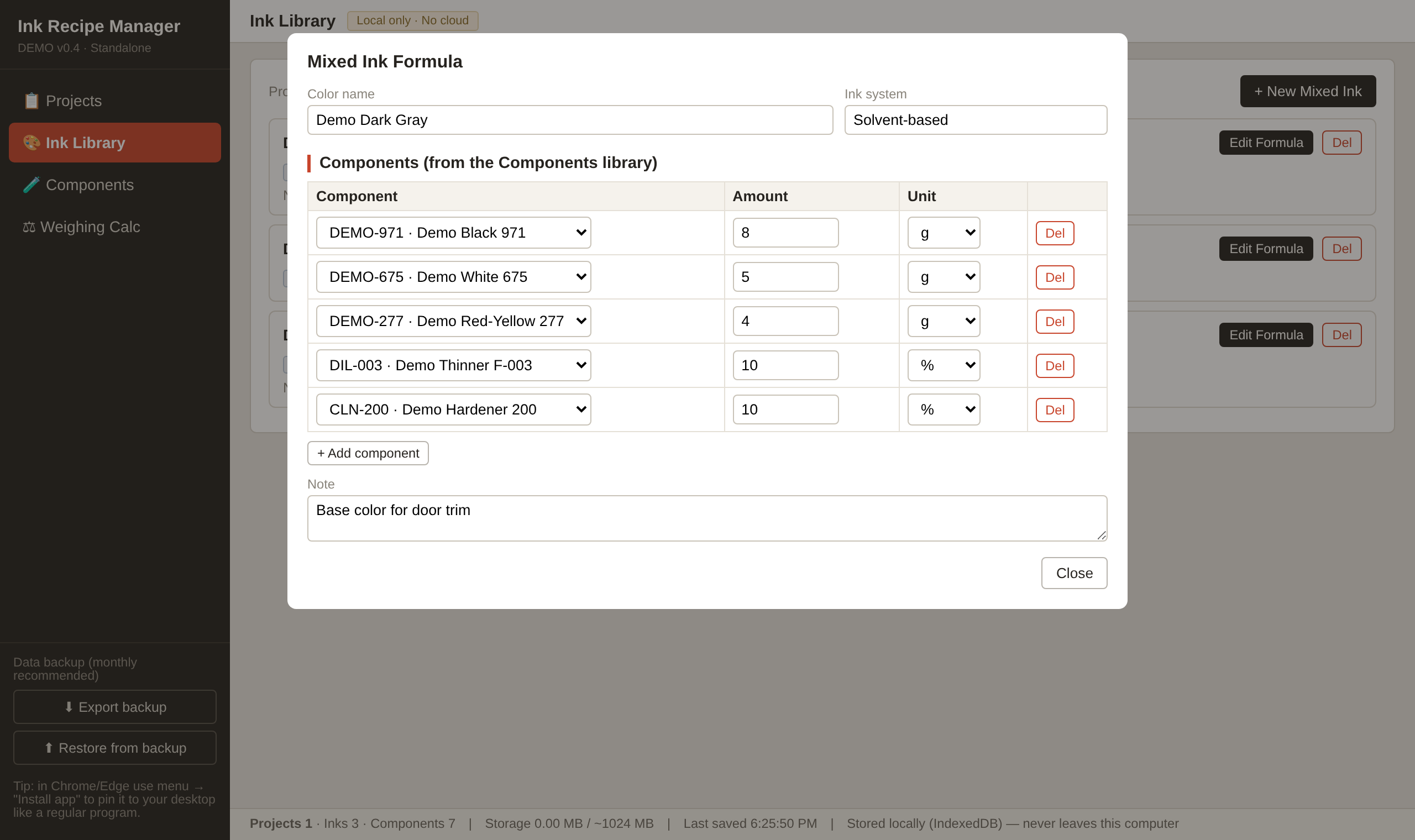 Mixed ink formula editor with component, amount and unit rows
