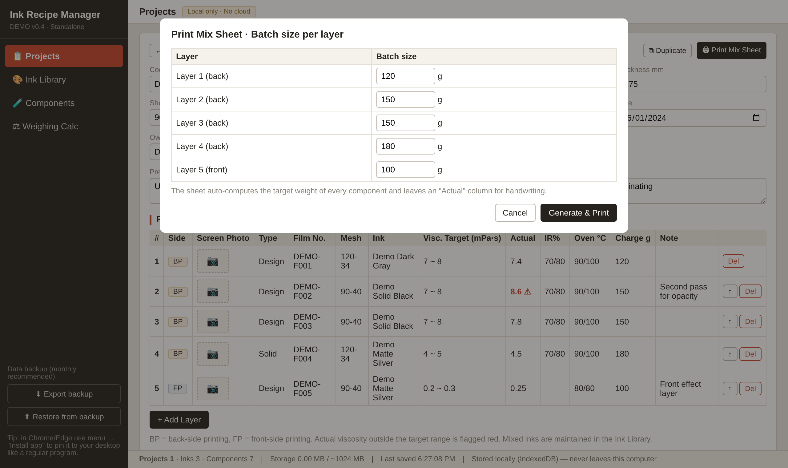 Print dialog asking for the batch size of each layer