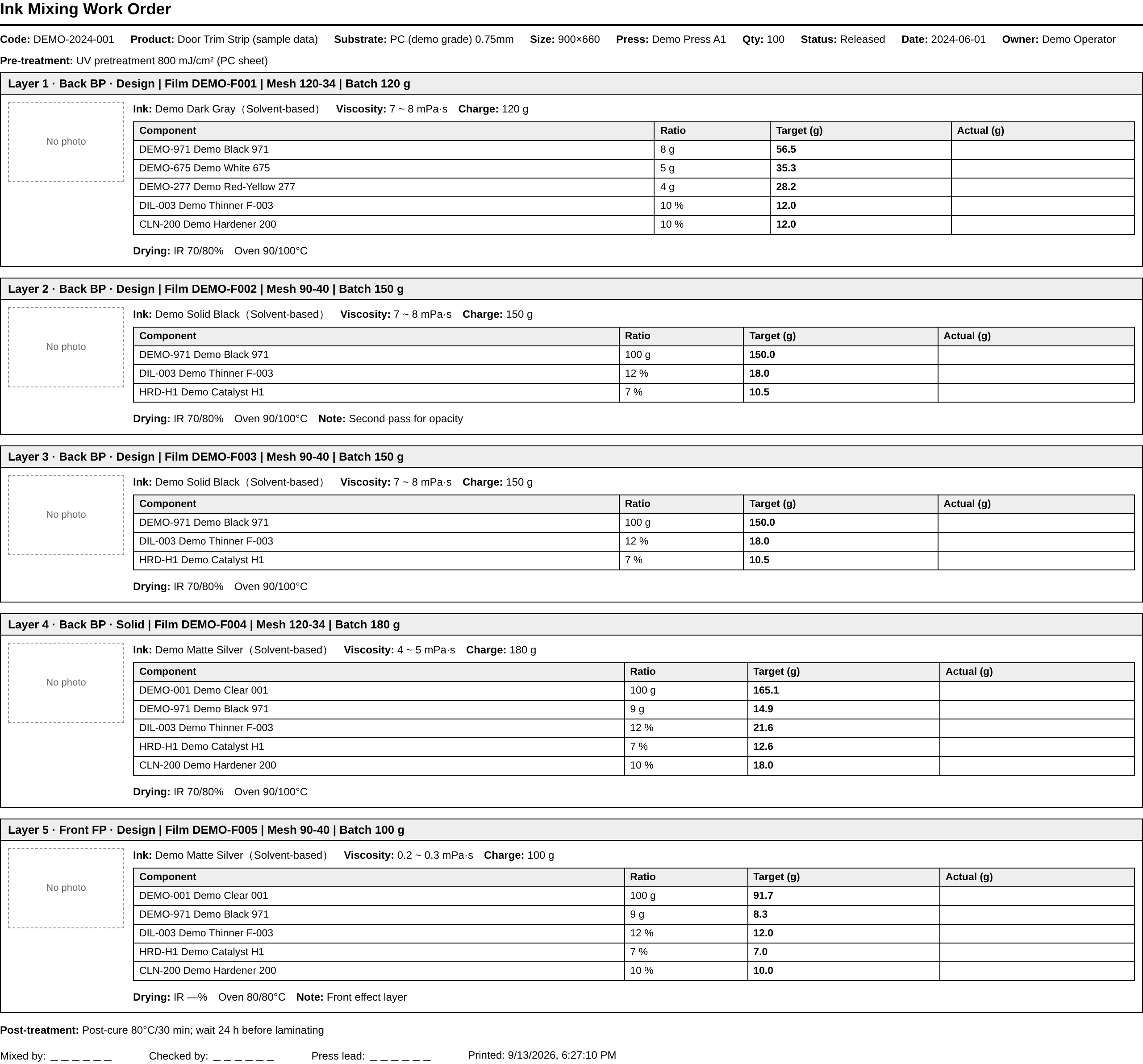 Printed ink mixing work order with per-layer cards and weighing tables