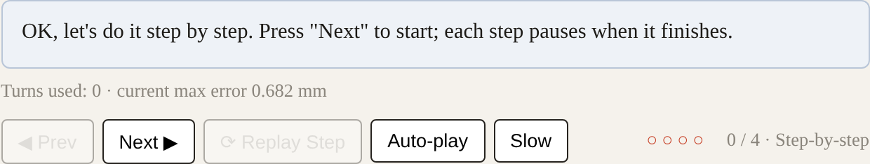“Show Me Step by Step” narrates every move — which wheel, which direction, how many divisions — with a player to step through, replay or slow down.